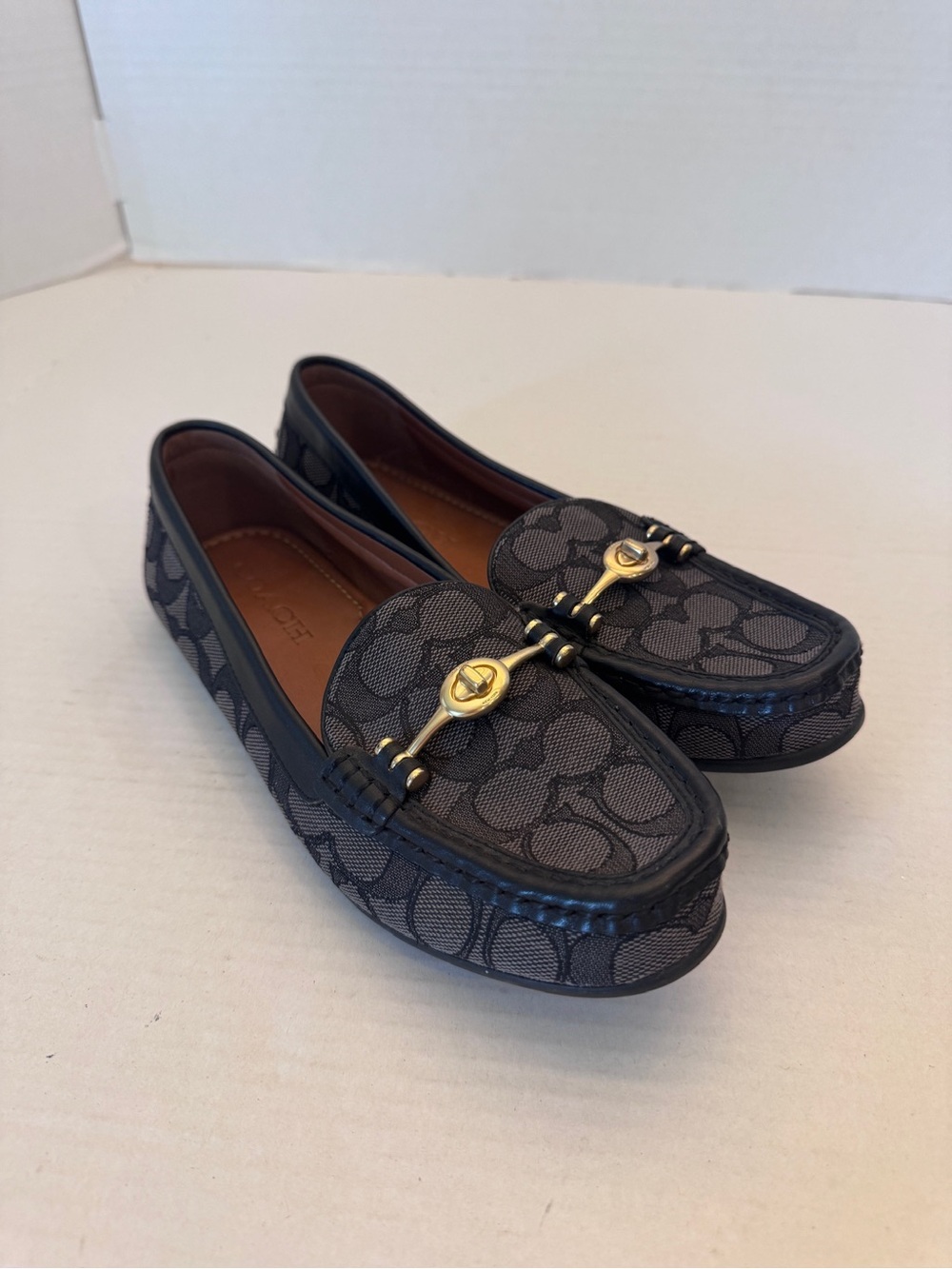 Coach Crosby Driver Loafers Signature Jacquard Turnlock Black Grey Shoes Size 7B